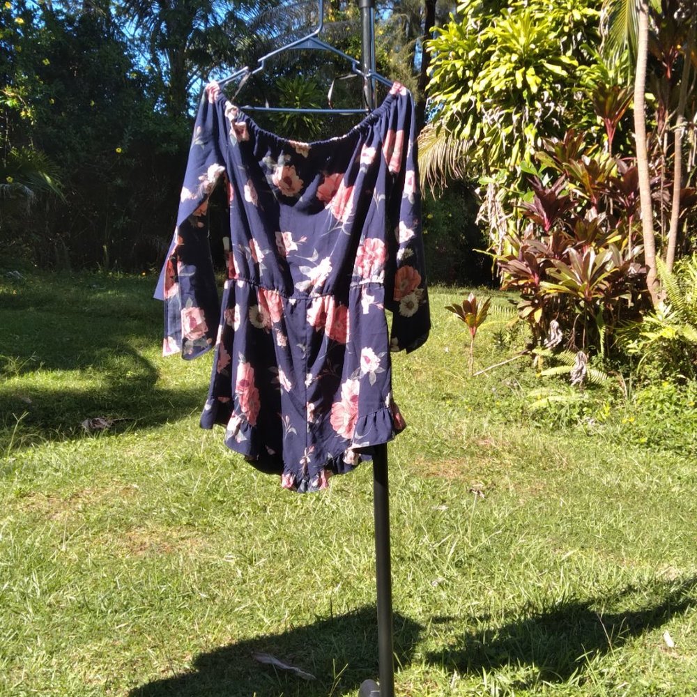 E&M Off Shoulder Drawstring Ruffle Floral Romper - Picture 6 of 10